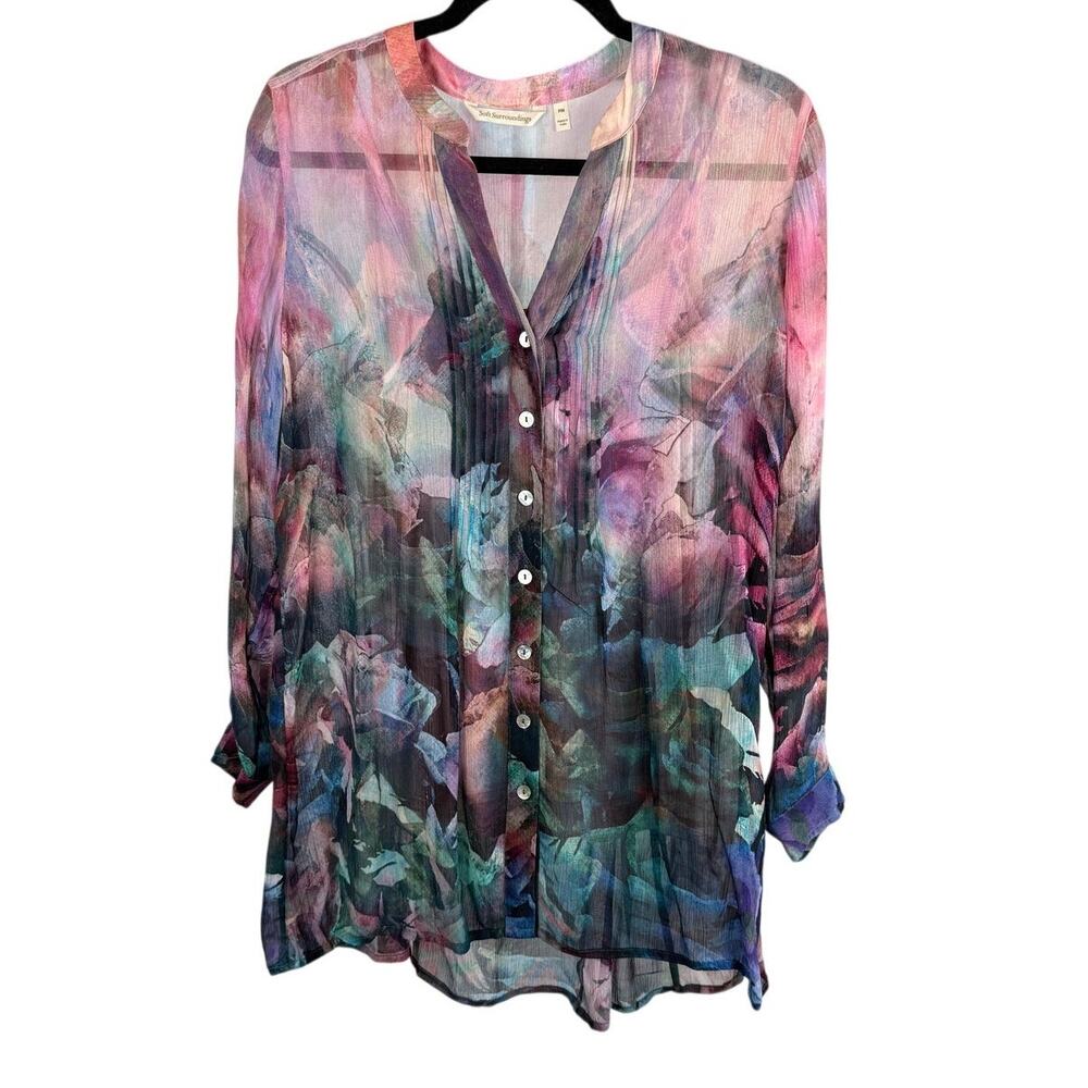 Soft Surroudings Cupra Rayon Sheer Floral Blouse with Cami sz M Petite